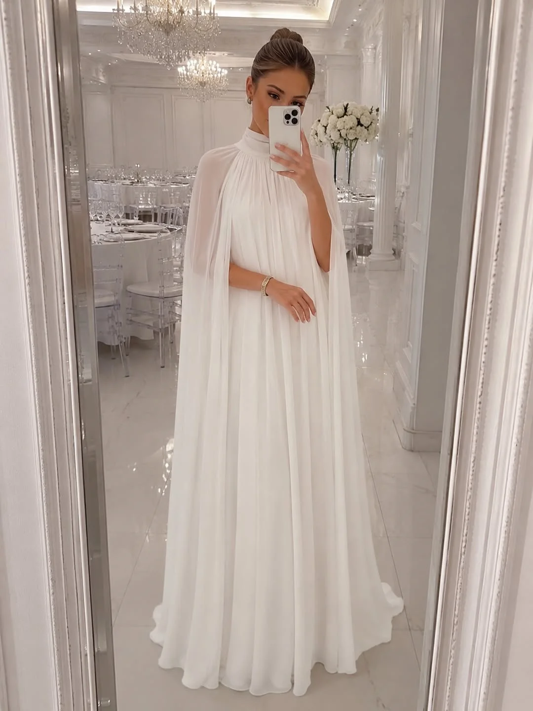 TL 2026 Customized Simple Saudi Arabia Wedding Dress 2026 Cap Sleeves High Neck Chiffon  A-line Bridal Party Gowns