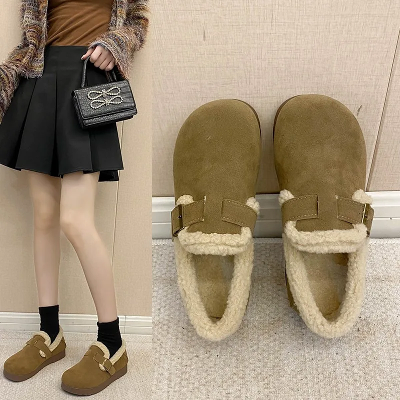 

Furry Shoes for Women Outdoor Wear Autumn and Winter New Fashion Soft Sole Slip-On Fleece-Lined Warm Cotton Shoes