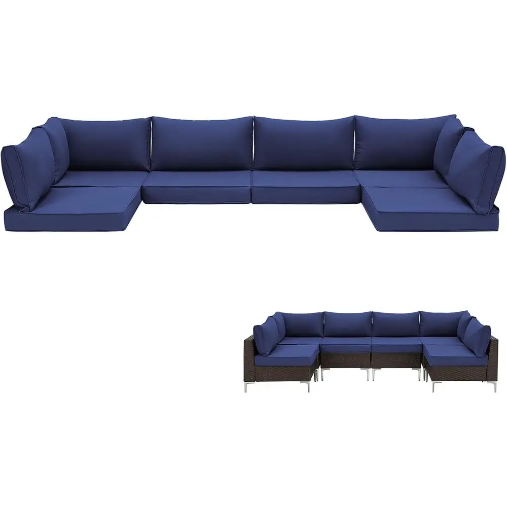 

14-Piece Navy Blue Outdoor Patio Cushions, Deep Seat Replacement, Water Resistant & Non-Slip for 6-Seat Wicker Sectional Sofa