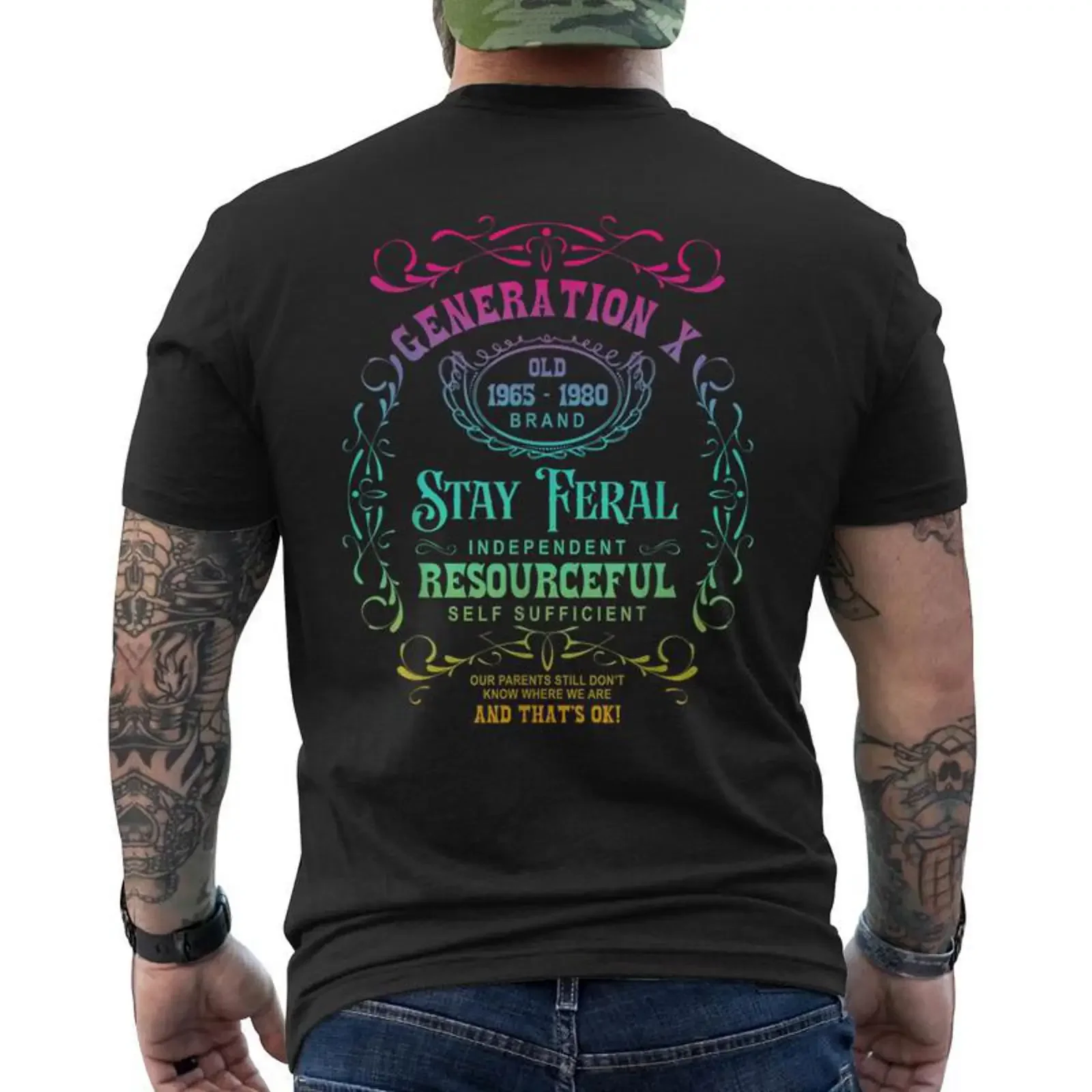 Generation X Stay Feral Gen 1965 1980 Nostalgia Men's T shirt Back Print Mazezy CA vintage Washed Top For Everyday Wear