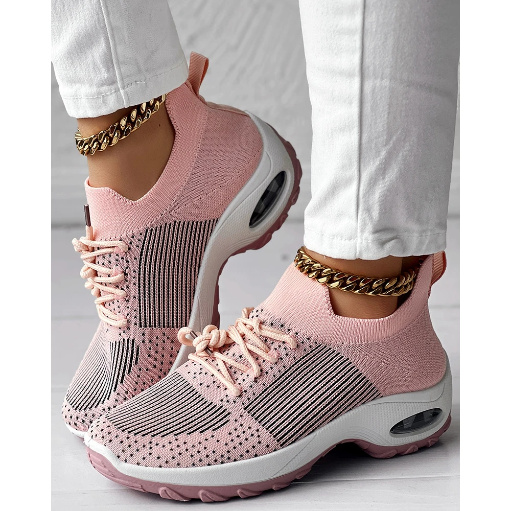 Fashion Women Hollow Out Breathable Mesh Lace-up Sneakers Daily Casual Round Toe Platform Sports Shoes Spring Going Out Slip On
