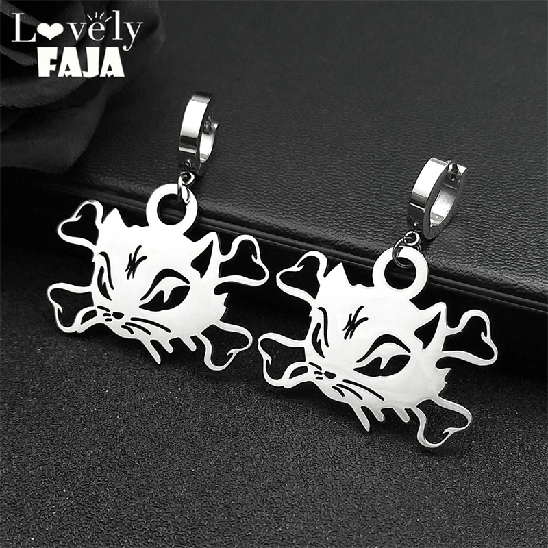 

Vintage Silver Color Cat Head Bone Hoop Earrings for Women Men Stainless Steel Gothic Jewelry Hollow Animal Drop Earring Gift