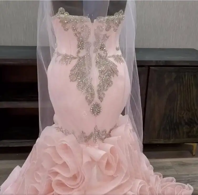 Robe de mariée sirène rose fard à joues chérie, appliques de perles à volants, robe de mariée de luxe pour les patients, quelle que soit la 2023, grande taille