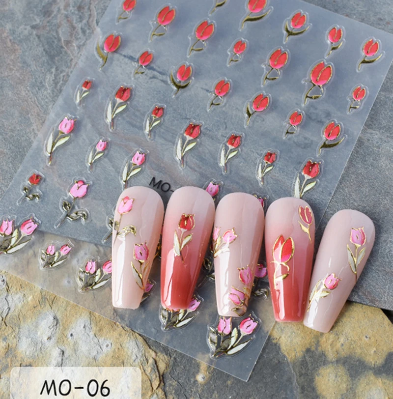 Calcomanías para decoración de uñas en relieve 5D, líneas doradas, tulipanes rosas y blancos, deslizadores adhesivos, pegatinas para uñas, decoraciones para manicura