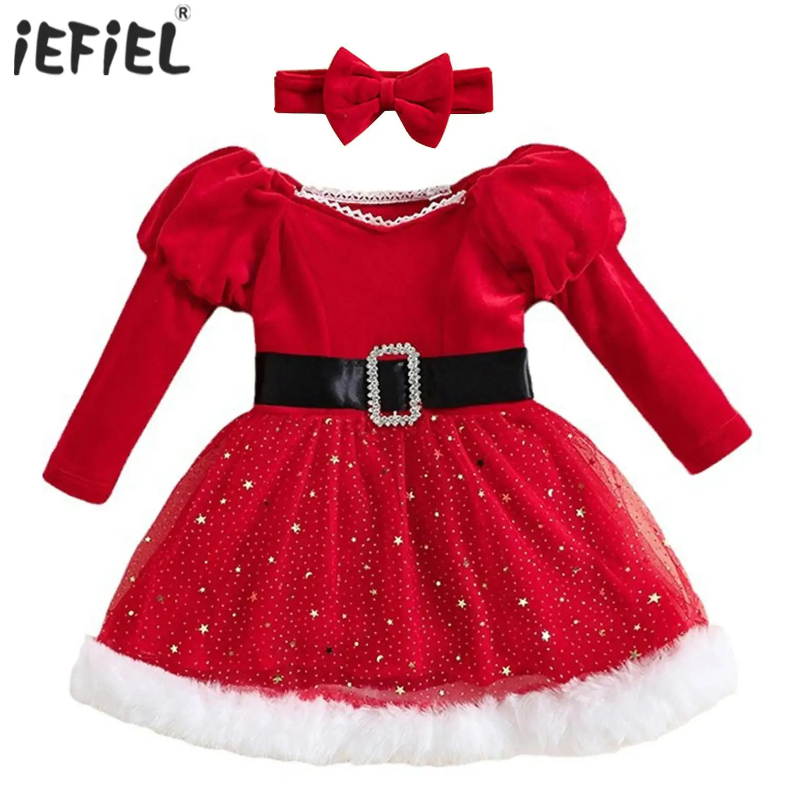 

Baby Girls Toddler Festive Christmas Dress Xmas Long Sleeve Princess Velvet Tutu Dress with Headband New Year Santa Costumes