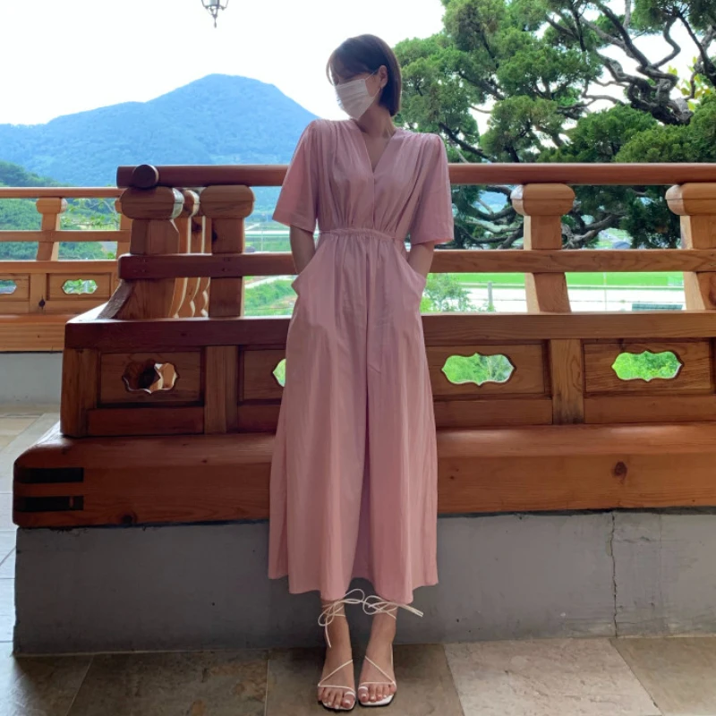 Summer Chic V Neck Long Dress Women 2022 Female Drawstring High Waist Short Sleeve Midi Sundress Solid Color