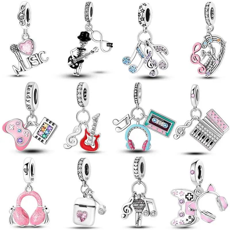 Hapilife Hot Romantic Music Enthusiast 925 Sterling Silver Red Guitar MP3 Pendants Headphones Beads Fit Women DIY Jewelry Charms