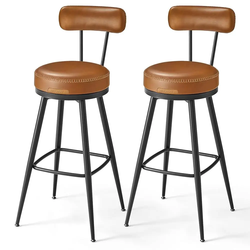Ekho Collection - Bar Stools Set Of 2, Swivel Bar Height Bar Stools With Back, Synthetic Leather With Stitching, Mid- Modern,