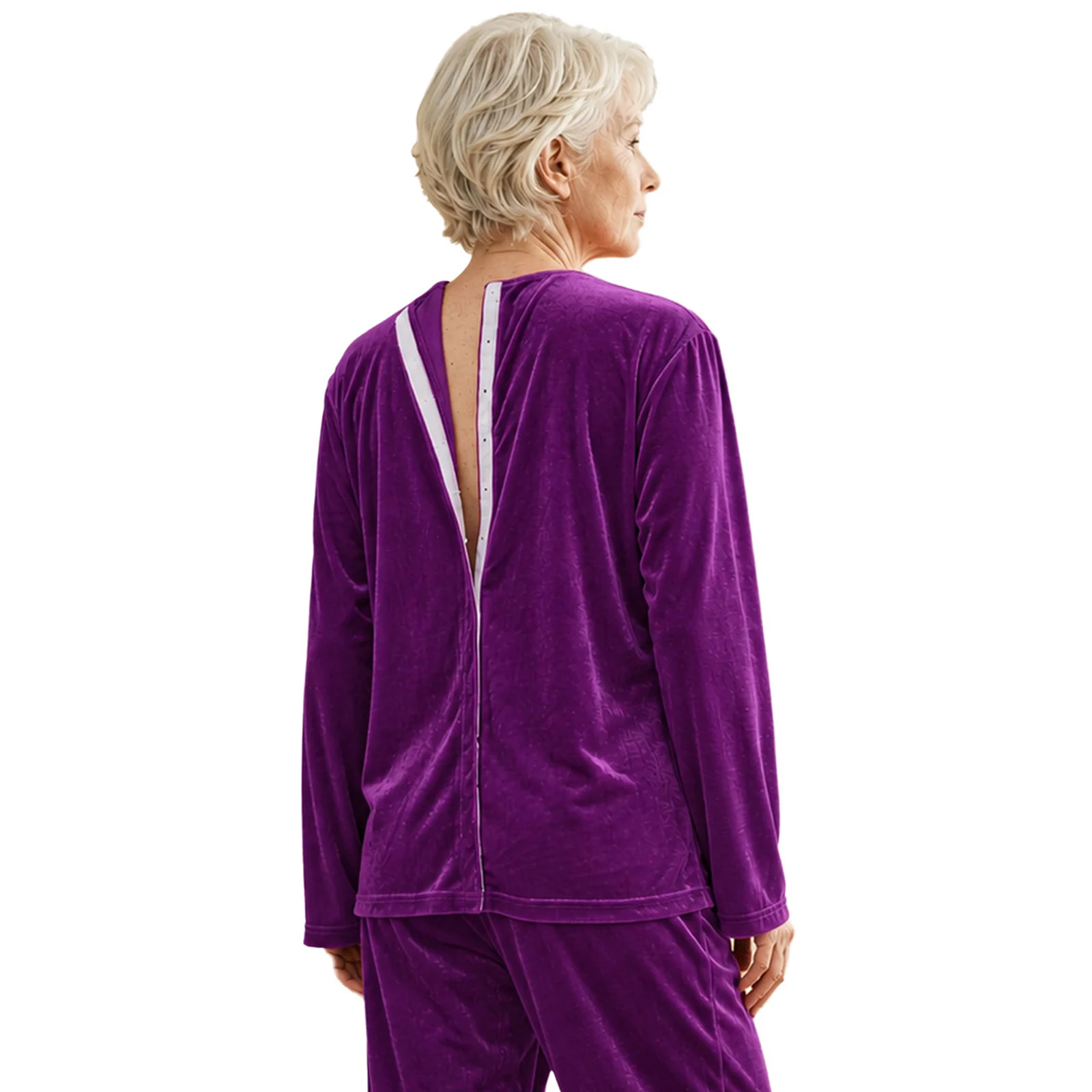 Women Velvet Adaptive Tee Shirt Long Sleeve Press Buttons Open Back Pockets Shirt for Elderly Nursing Recovery Casual Outing