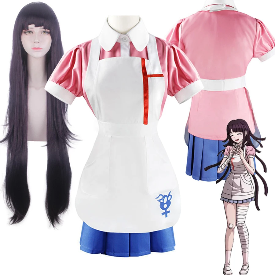 Disfraz de Cosplay de Anime Danganronpa Mikan Tsumiki para mujer, vestido, uniforme de sirvienta, peluca larga, conjunto completo, ropa de Carnaval de Halloween