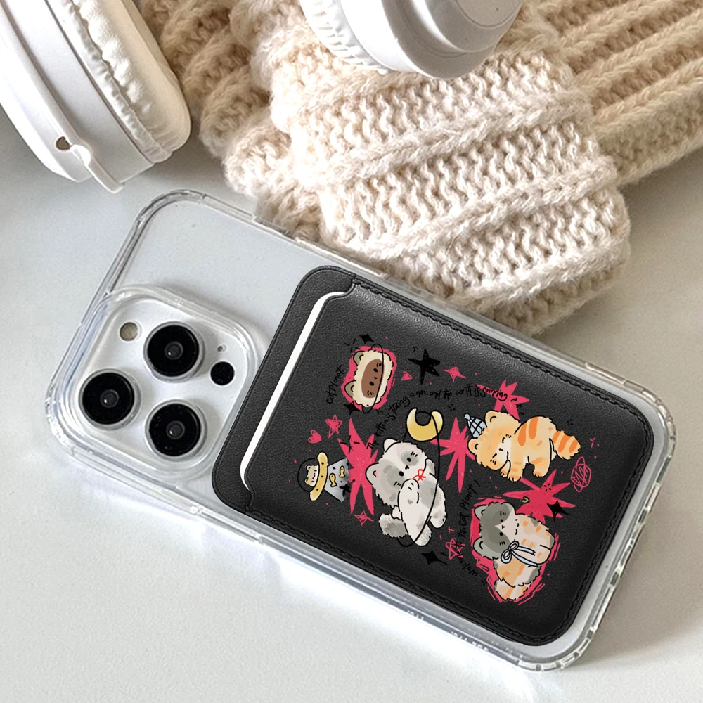 Lustige Niedliche Katzen-INS-Leder-Kartenhalter-Handyhülle, Geeignet für alle iPhone-Hüllen, Magsafe Magnetische Karten-Handyrückentasche – Detail 4