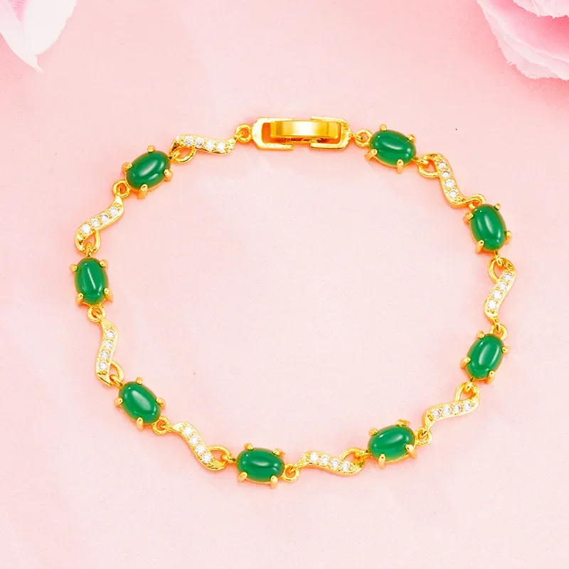 

Real 18k Gold Color Bracelet Green Chalcedony Net Red Fashion Versatile Gold Imitation Ruby Bracelet Trendy Gifts Fine Jewelry