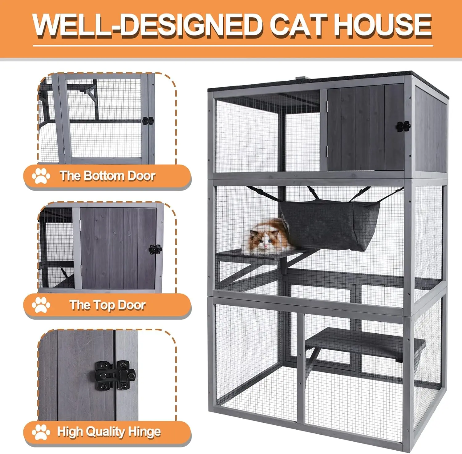 

Catio Wooden Cat House, Outdoor 3 Floors Cat Enclosure, Indoor Large Kitten playpen with Hammock & Resting Box, Waterproof
