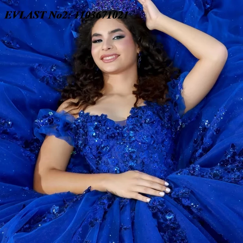 EVLAST Customized Princess Royal Blue Quinceanera Dress Ball Gown Sequins Applique Beading Sweet 16 Vestidos De 15 Anos E2Q23