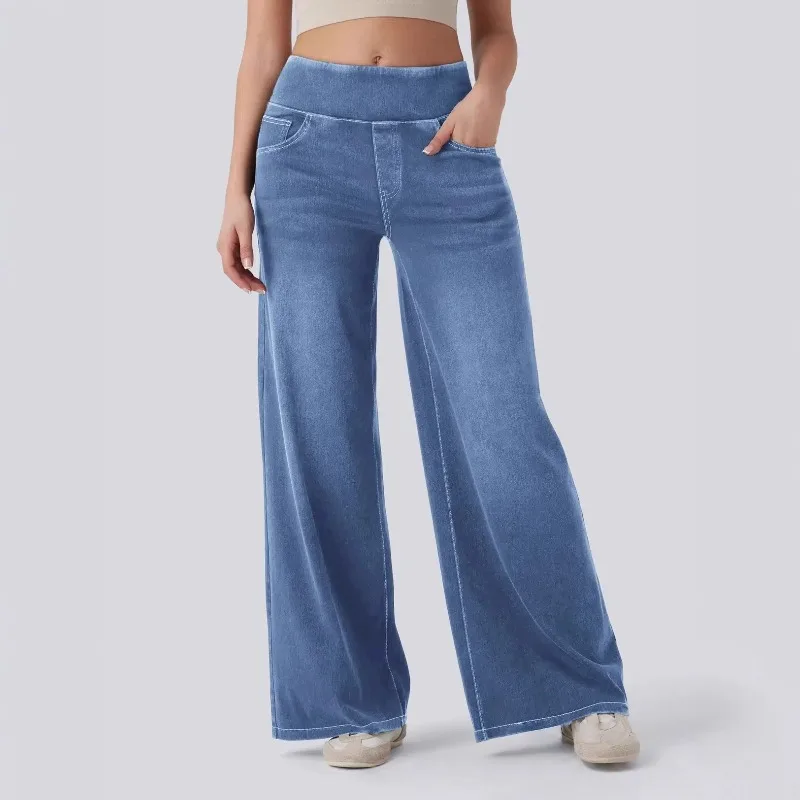 

Y2k jeans Women European Spring Wide Leg Floor Jeans Elastic Waist Side Zipper High Waist Slim Straight Casual Denim Long Pants