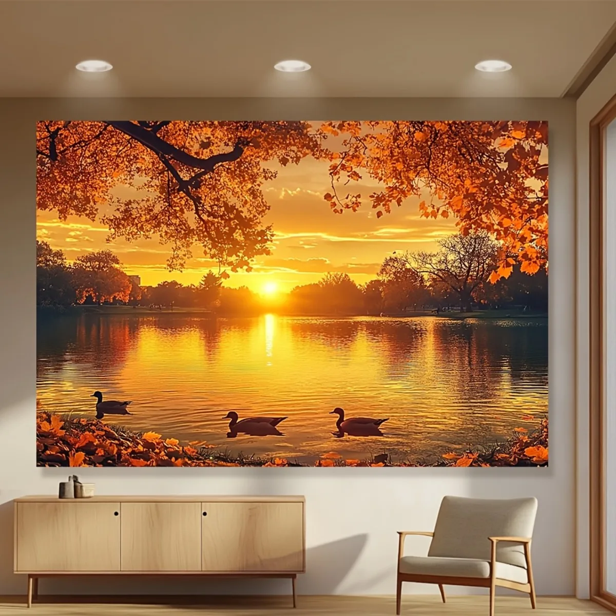1pc Autumn Lake Tapestry - Sunset Wall Hanging Decor with Orange Leaves, Ducks & Water Reflection - Polyester Fabric for Living