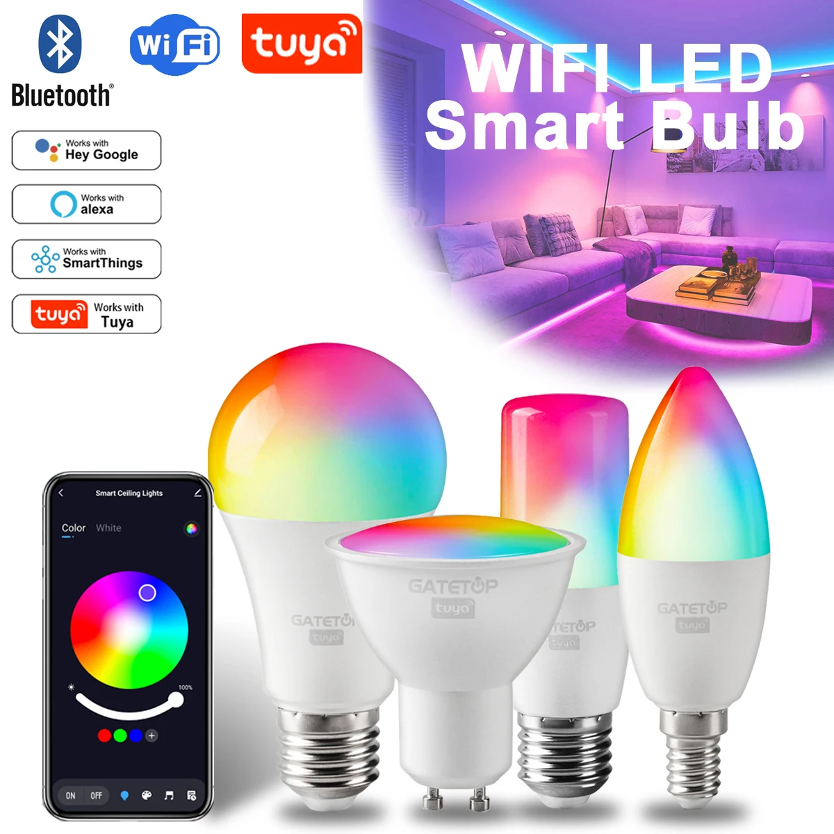 

Tuya Rgb Лампа Smart Gu10 C37 A60 T37 E14 E27 B22 Свет с регулируемой яркостью Wi-Fi Светодиодная волшебная лампа AC 110 В 85 В-265 В Работает с Alexa Google Home