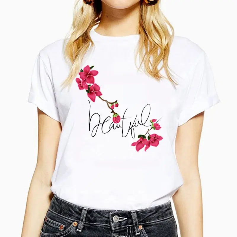 

Women Beautiful Floral print T-shirt Aesthetics Graphic Short Sleeve Cotton Polyester T Shirts Female Camisetas Verano Mujer