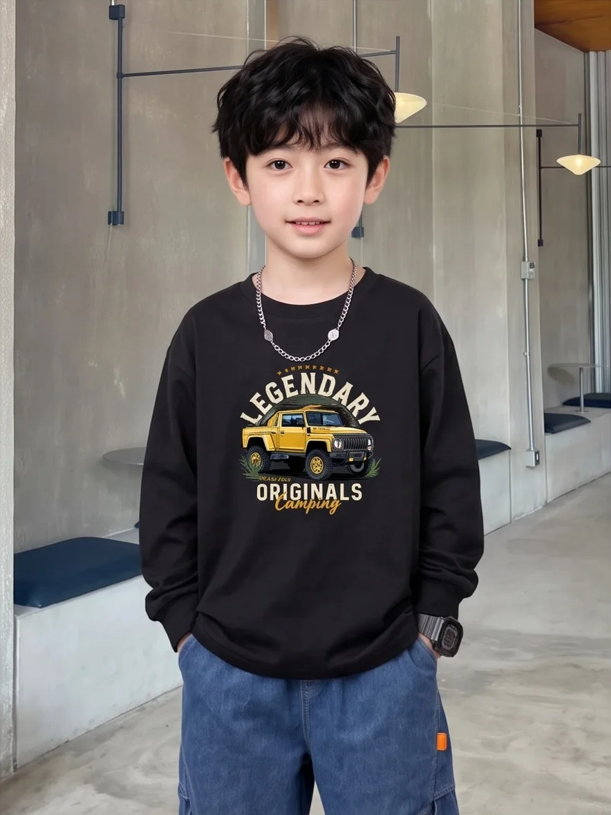 Boys 100% Cotton Long Sleeve T-shirt Vintage Off Road Truck Graphic Print Ribbed Cuff Basic Tops Spring Autumn 100-170cm