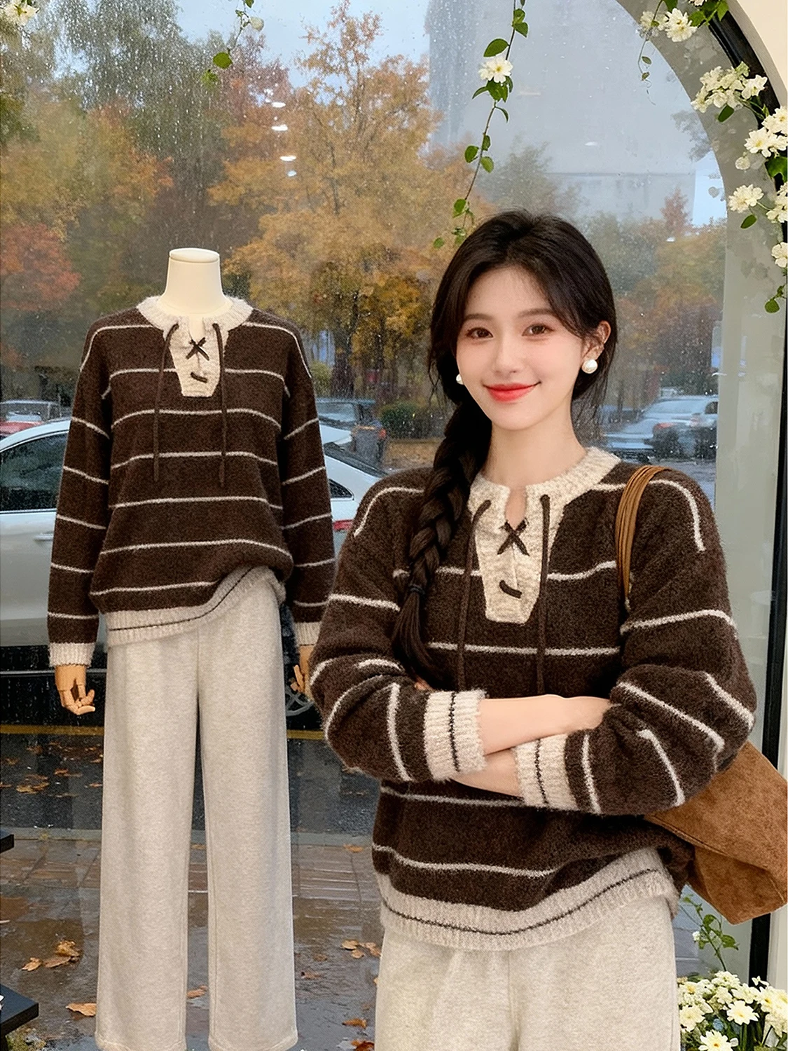 

Women's Striped Knitwear Loose V-ne Tied Sweater Ele Autumn Winter New Sle Chinese Brandl Faion Top