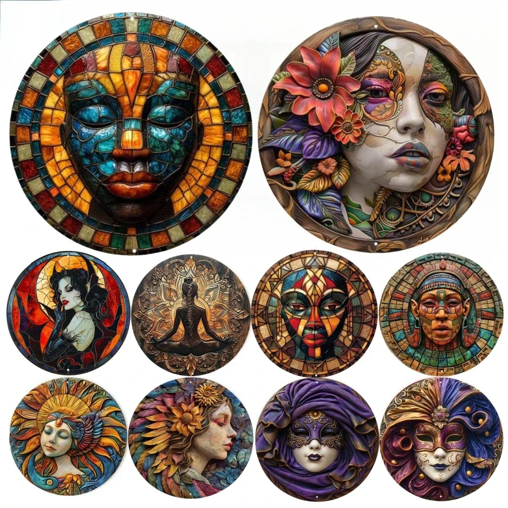 Runde Metall Aluminium Zeichen Kunst Malerei Kranz dekorative Platten Eingang Dekor Geschenk Maske Thema für Bar Club Home Zimmer Wand Dekor