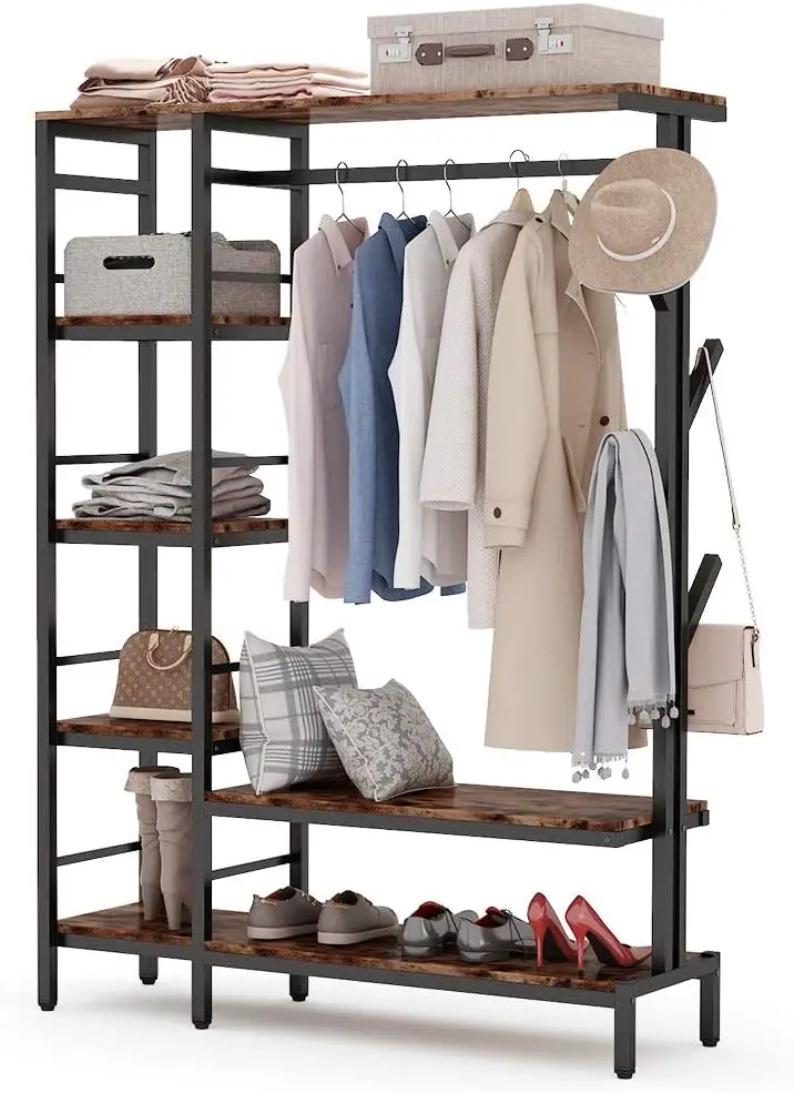 Free-standing Open Closet with Hooks, Metal Clothes Shelf Garment Rack with Shelves and Hanging Rod, Heavy Clothing Closet Organ