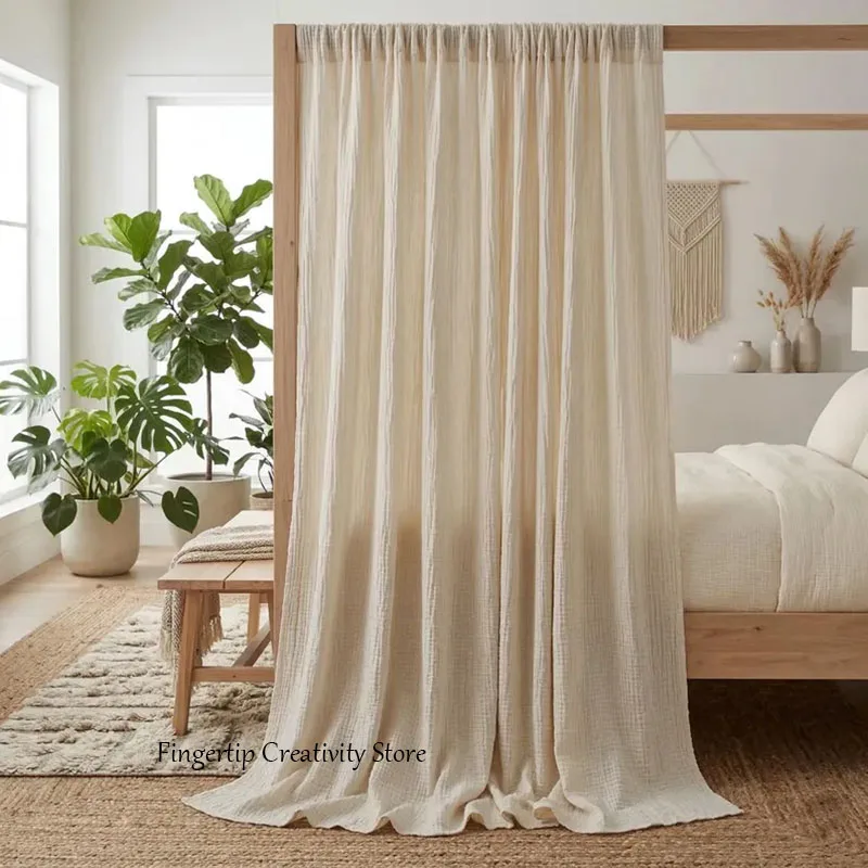 Gekräuselte 100% Baumwoll-Musselin Bettbaldachin-Paneele, Boho Schlafzimmer-Vorhänge, Weiche Atmungsaktive Vierpfosten-Bettvorhänge Wohnzimmerdekoration – Detail 1