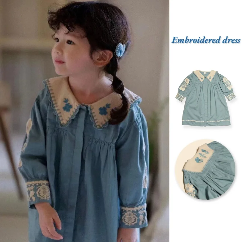 

Jenny&Dave goods in stock! Children's Dress 24 Spring/Summer Retro Light Blue Collar Pulling Lock Edge Girl Pulling Princess Dre