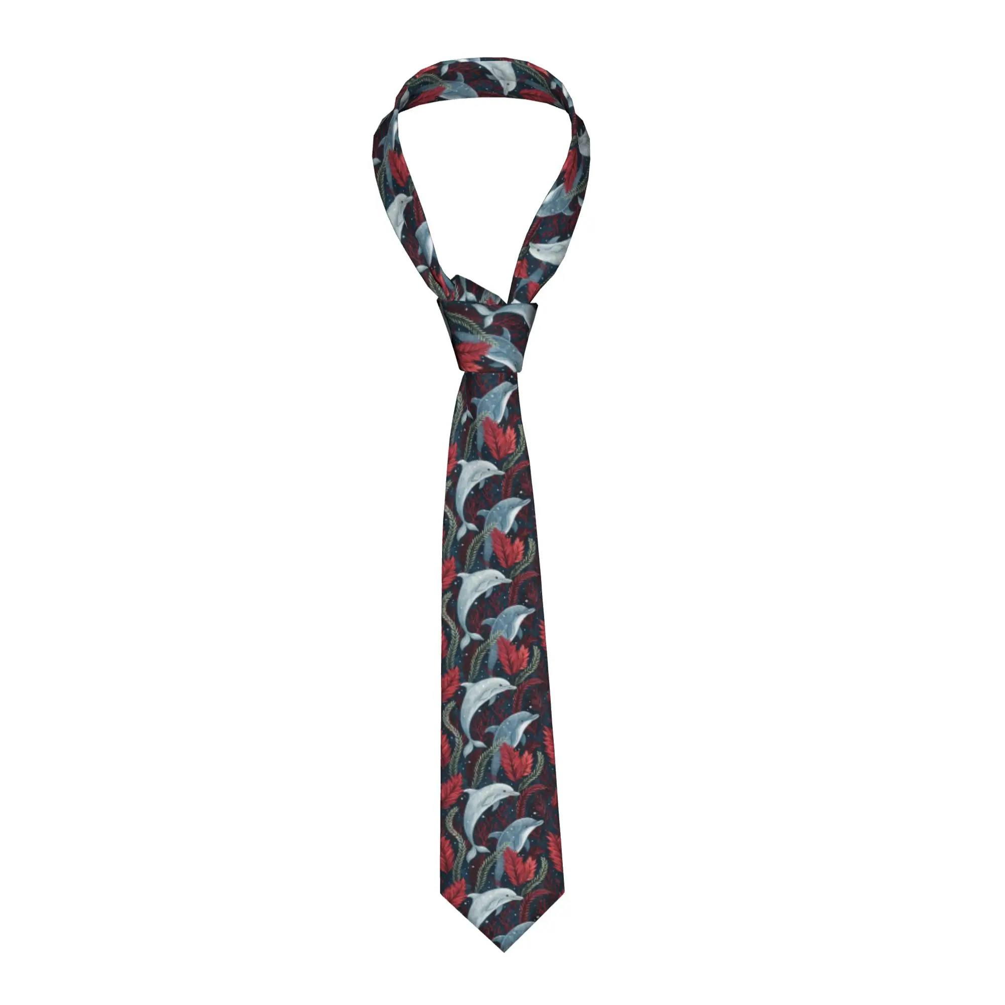Playful Dolphins Dramatic  Neck Tie for Men Classic Glamour Vivid Red And Navy  Silk Business Neckties
