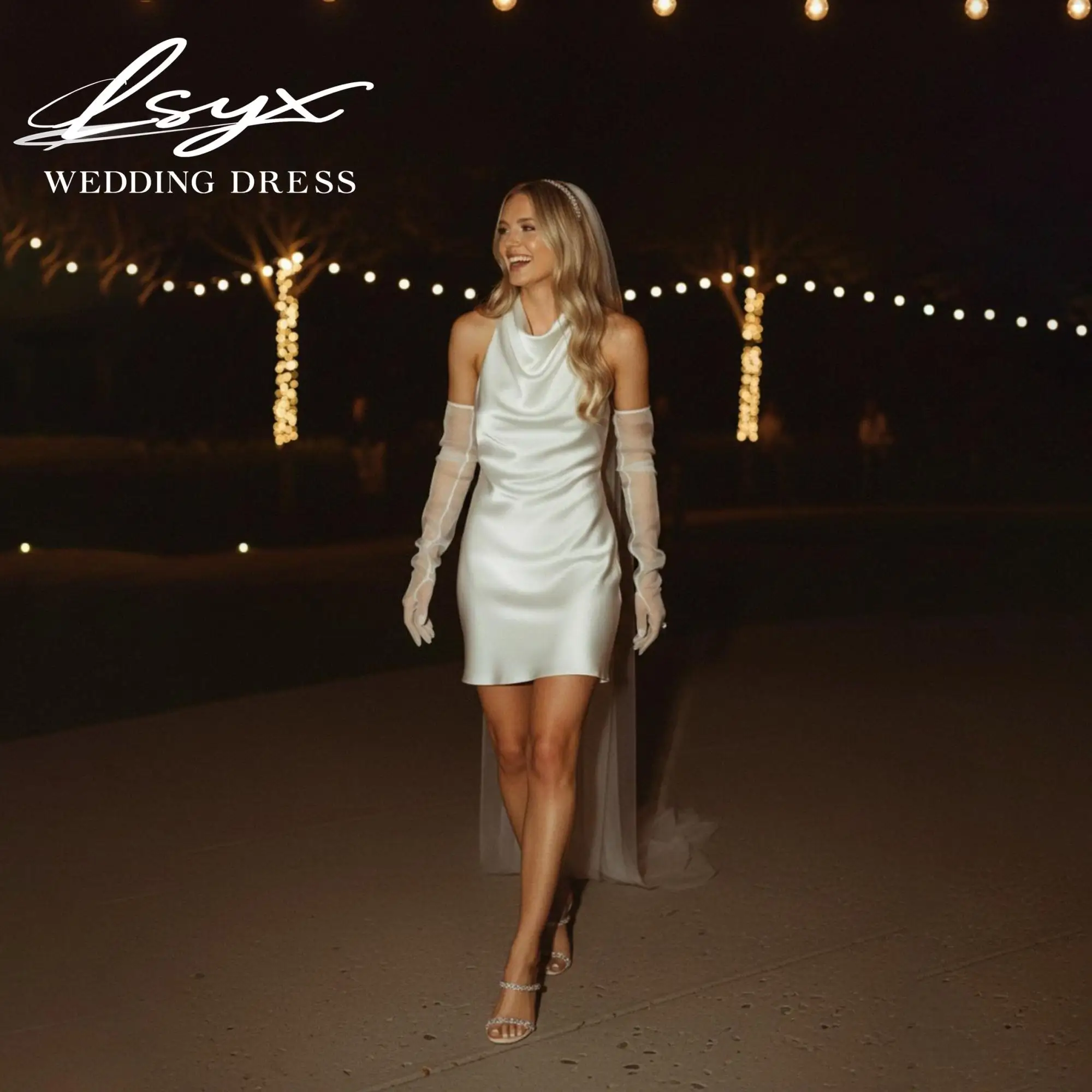 LSYX 2026 Elegant Halter Satin Short Wedding Dress Sleeveless Cowl Neck Open Back Bridal Mini Gown Vestidos De Noiva Customized
