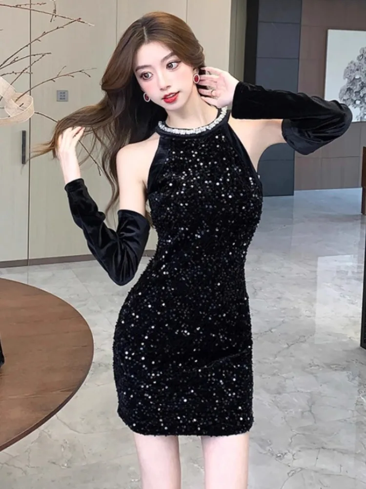 Ezgaga Mini Dresses Women Sequins Patchwork Halter Slim Autumn Winter Fashion French Style Chic Sexy Dress Party Clubwear