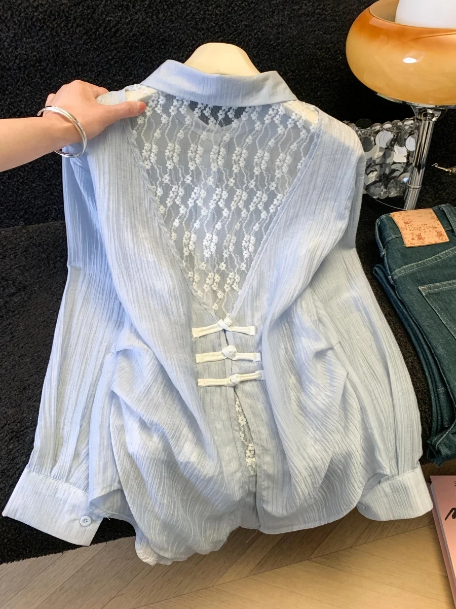

Blue Lace Splice Women's Summer Thin Design Sun Protection Shirt Back Split Button Cardigan Outerwear Breathable Loose Fit Lo...