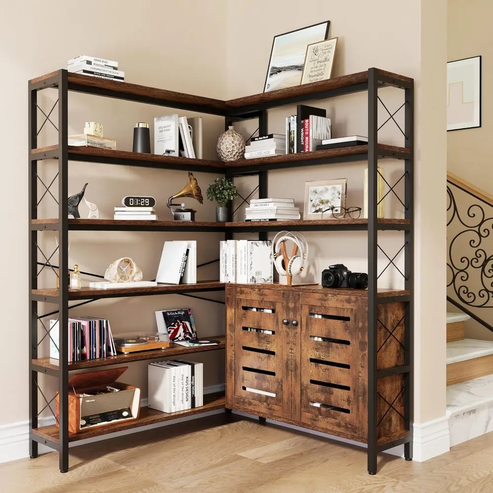 

6Shelf Corner Bookshelf, Vintage Industrial Corner Shelf Etagere Bookcase, Large Book Shelf with Metal Frame Open Storage Corne