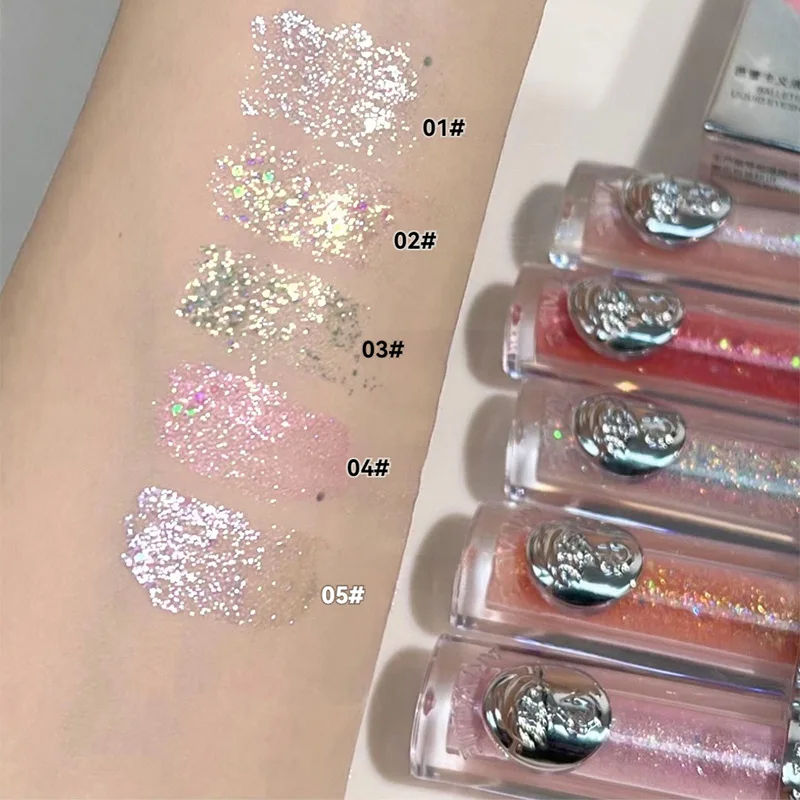 2024 5 Kleur Glitter Vloeibare Oogschaduw Waterdichte Parelmoer Glanzende Oogschaduw Markeerstift Pailletten Liggend Zijderups Make-Up Cosmetisch