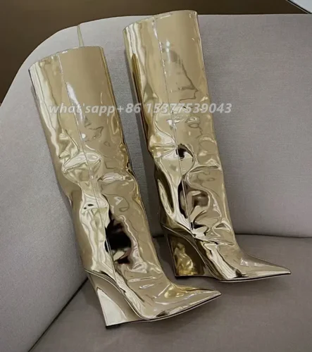 Kliny szpiczasty nosek projektant błyszczące Rhinestone górne buty do kolan Slip on damski zimowy Runway Party Dress Boot błyszczące buty