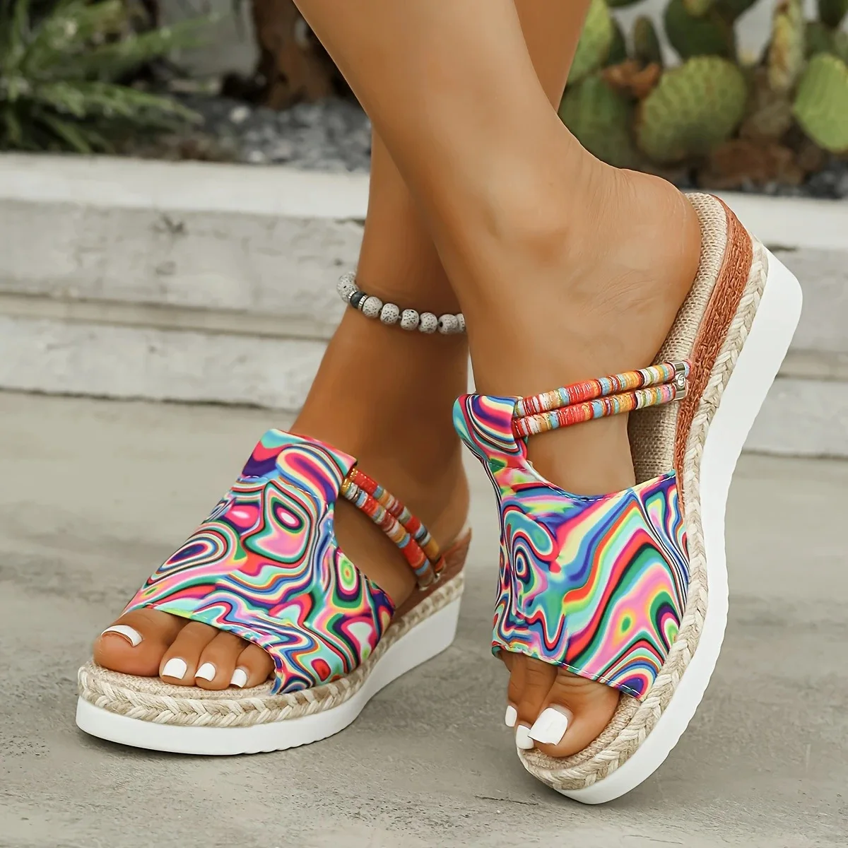 

Rainbow Graffiti Wedge Heels Sandals for Women Summer 2025 Peep Toe Platform Sandals Woman Buckle Strap Thick Bottom Beach Shoes