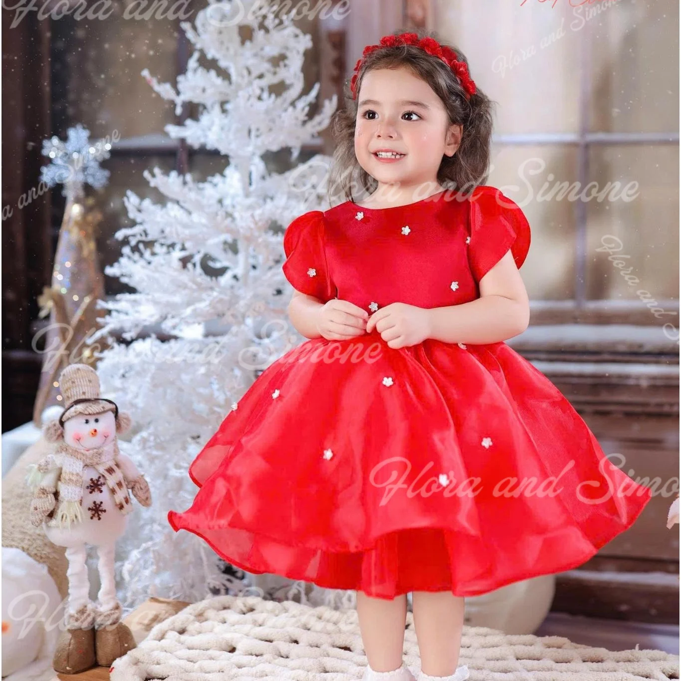 Customized Fluffy Sequin Short style Flower Girl Dress for Christmas Holiday Celebrations Birthday party Dance Performances