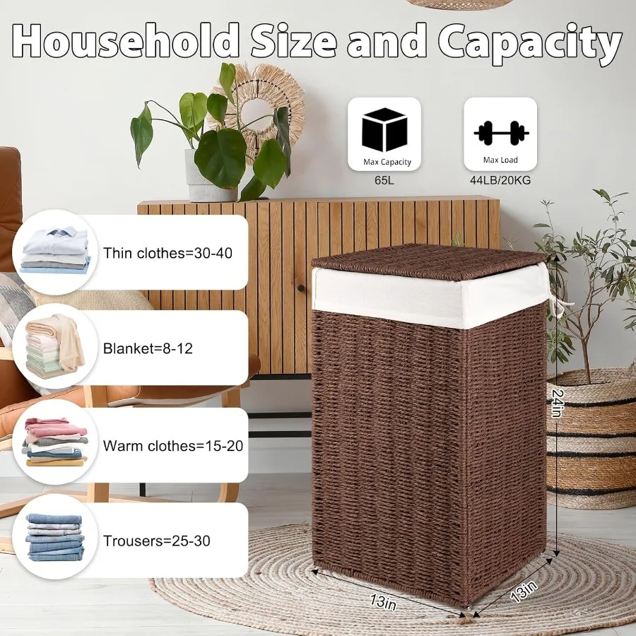 سلة غسيل من الخيزران قابلة للطي مع غطاء وحقيبة بطانة قابلة للإزالة سعة 17.2 جالون 65 لتر سلة ملابس منسوجة يدويًا بمقابض متينة f #2