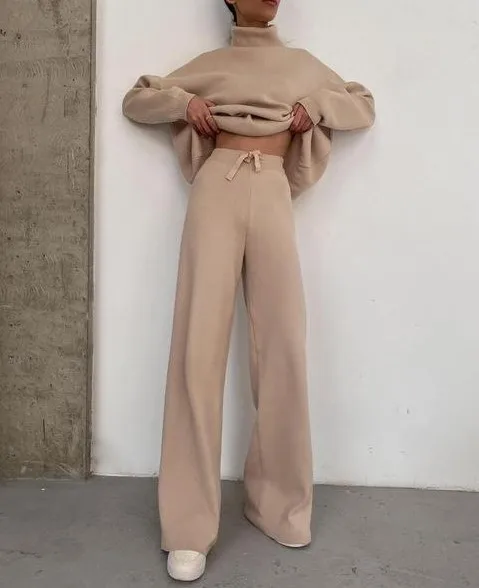 Autunno Inverno Moda Set da 2 pezzi Donna Pendolarismo Allentato Collo alto Pullover a maniche lunghe Vita alta Con lacci Pantaloni a gamba larga