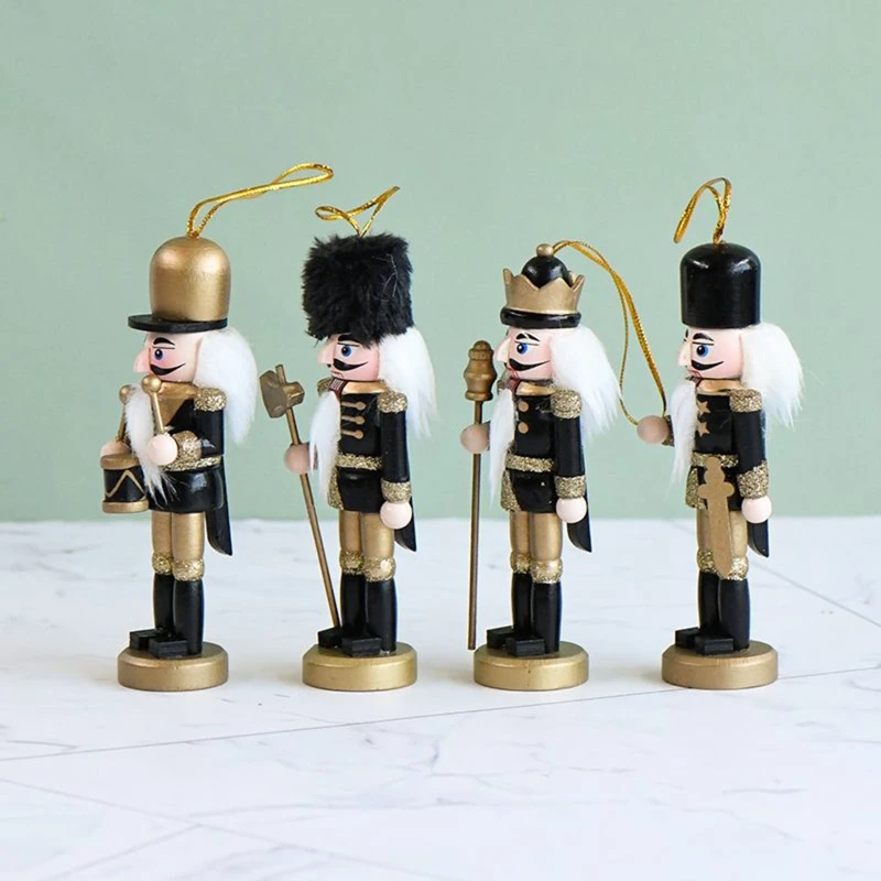 Nutcracker Hanging Ornament Figures Gold & Black Glittered Christmas Mini Wooden Soldier Nutcrackers Xmas Tree Ornament