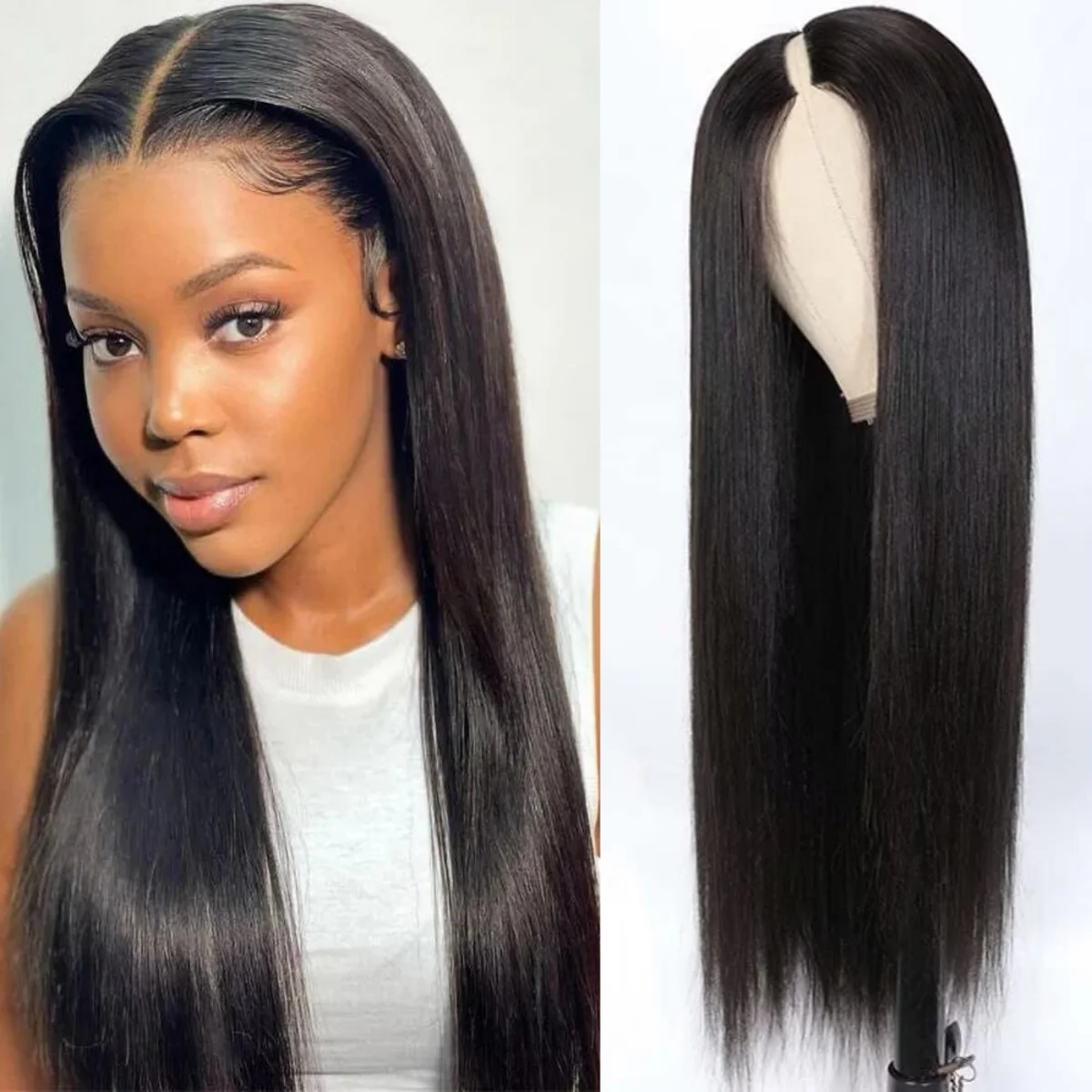 V Part Straight Human Hair Wig Natural Color Peruvian Hair Glueless 10-30 Inches No Leave Out V Part Straight Human Hair Wigs