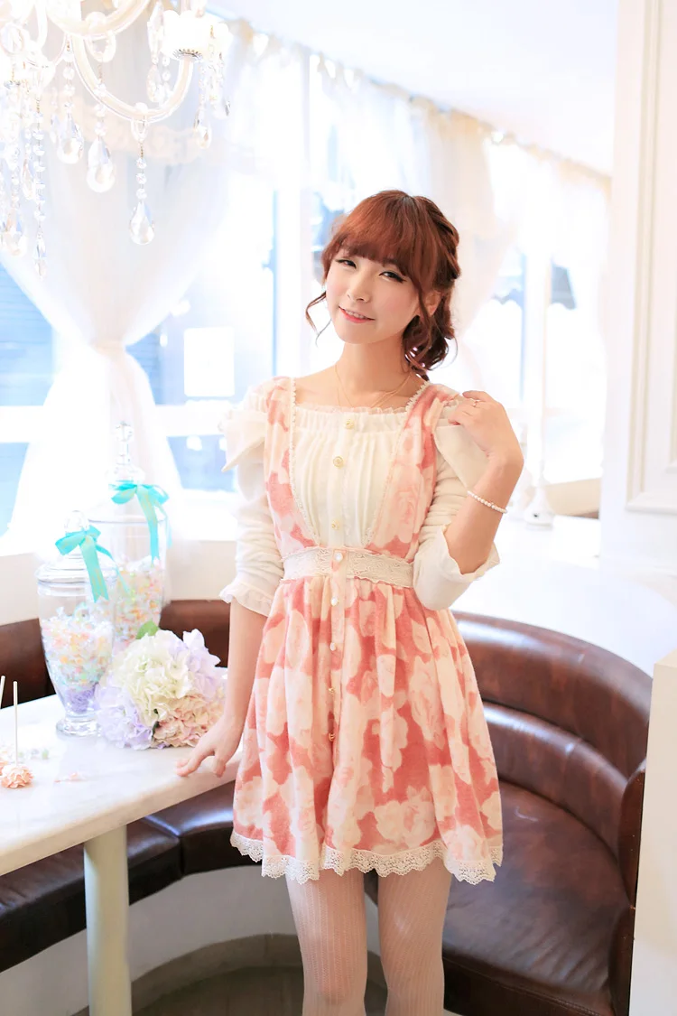 SALES Japan Style Liz Lisa V Neck Flower Print Lace Waist Knitted Suspenders Dress