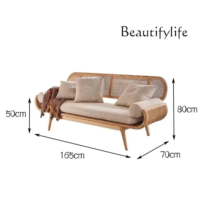 X36 Japanese-style Medieval Rattan Fabric Sofa Household Single Small Apartment Solid Wood Dining Chair