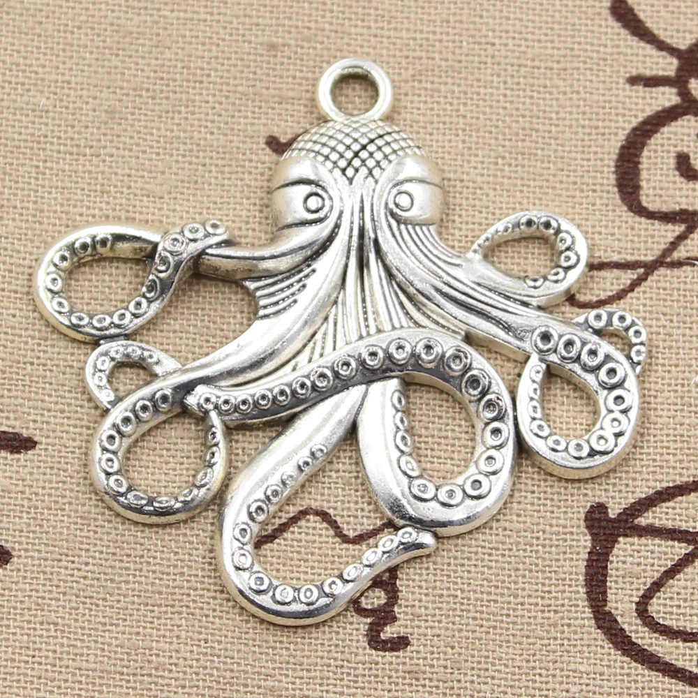 2 Breloques Grandes Pieuvre 59x57mm, Pendentifs Couleur Argent Tibétain, pour Fabrication Artisanale DIY, Accessoires de Bijoux et Artisanat