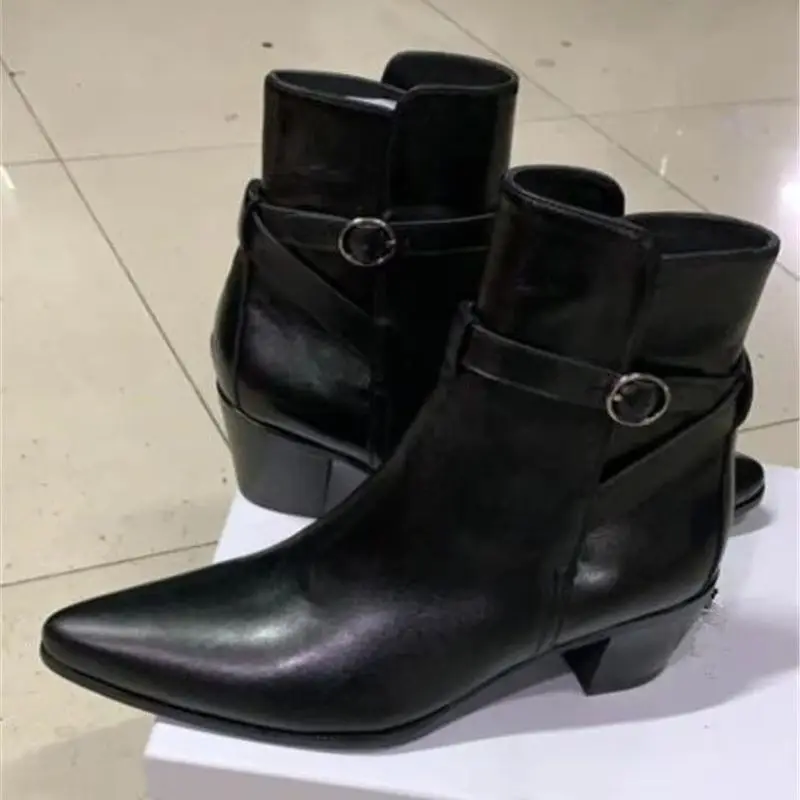 Personalized customize Men  High Heel Genuine Leather pionted Toe bucklet Strap Dress Slim Boots