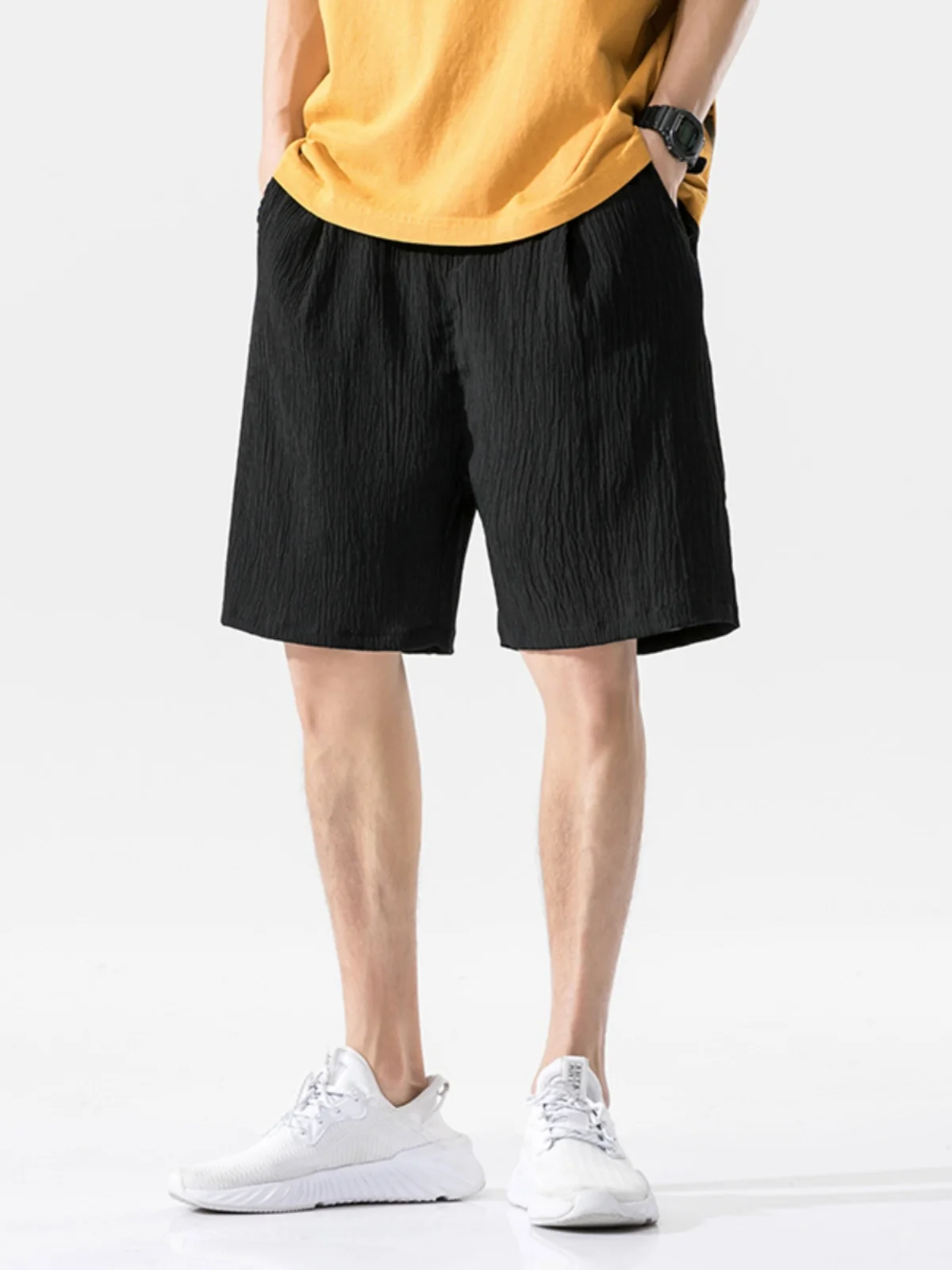 

Summer Thin Ice Silk Linen Men's Loose Cotton Linen Casual orts Youth Faion Straight Leg Five-Quarter Length Polyester Fiber
