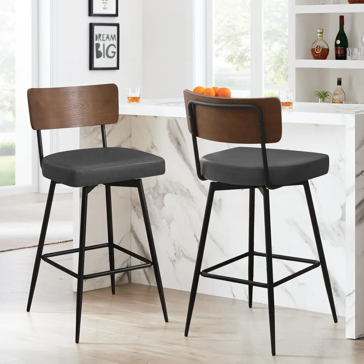 Contra Altura giratória Bar Stools Set, estofados do falso couro Barstools, Costas de madeira e pernas metálicas, 26 na altura do assento