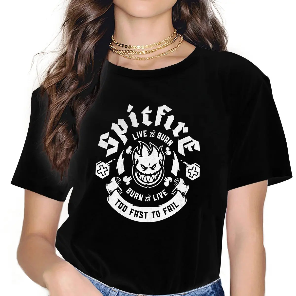 Spitfire Cool Skate Too Fast To Fail T Shirt Grunge Women's Tees Summer Harajuku Crewneck Polyester TShirt