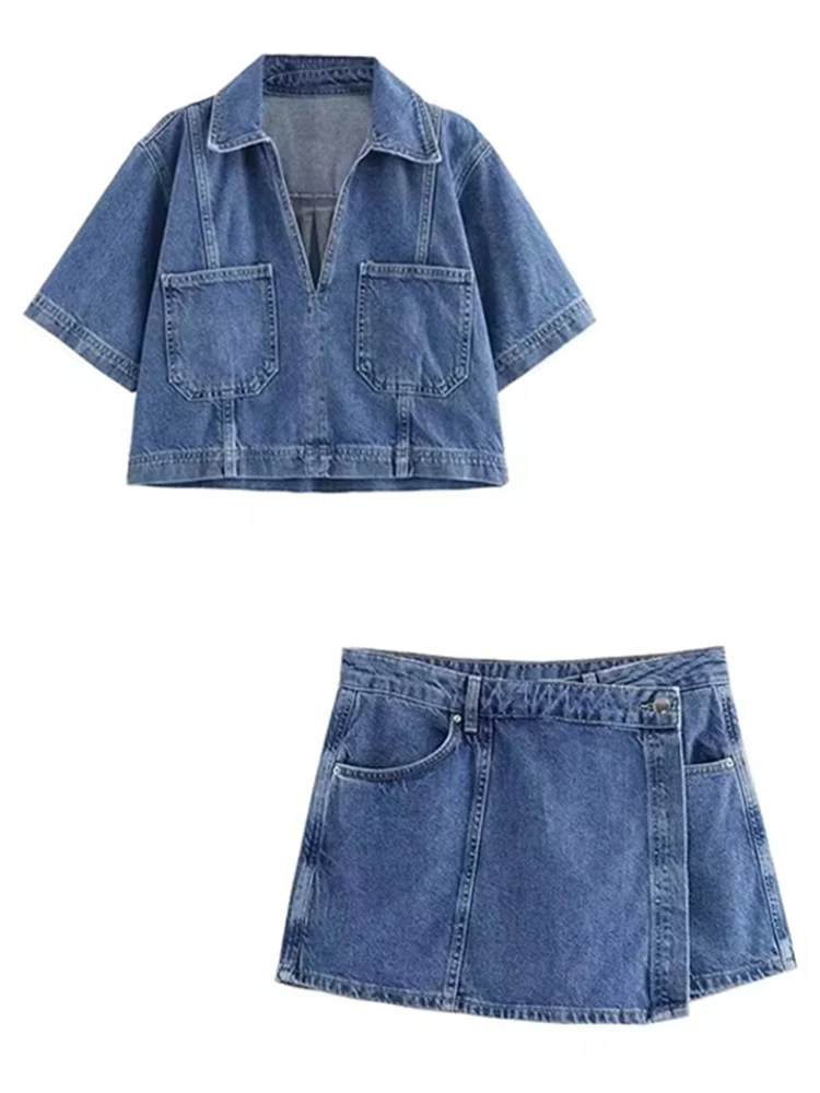 المرأة الشابة المألوف قصيرة الأكمام الخامس الرقبة الخصر يتعرض الأزرق الدنيم قميص غير المتكافئة البسيطة الدنيم تنورة Y2k الدنيم دعوى