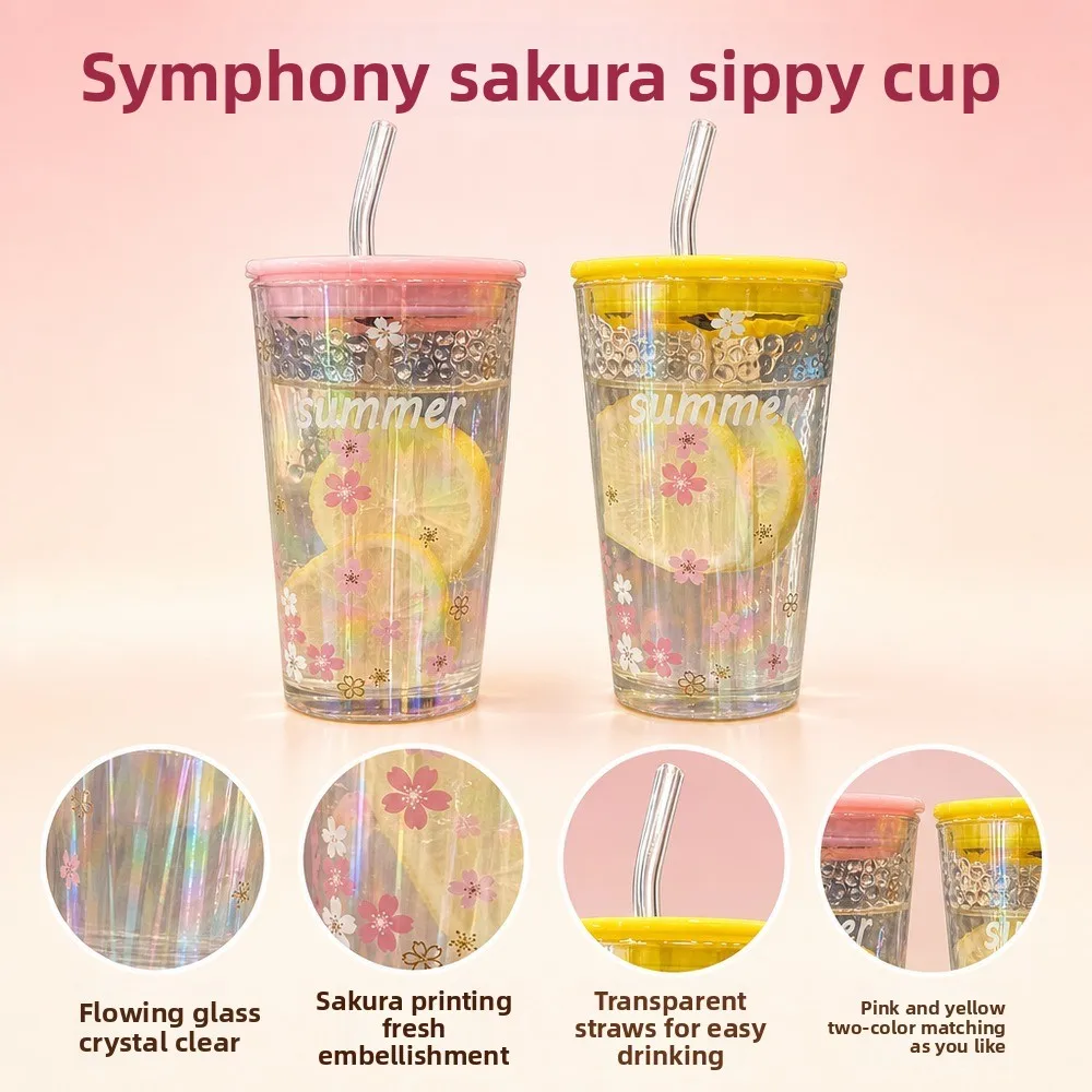 Sakura Glass Water Cup, Girls' Straw Glass Graduated Cups, Office Breakfast Milk Coffee Mug, Christmas Birthday Gift Kawaii Cup